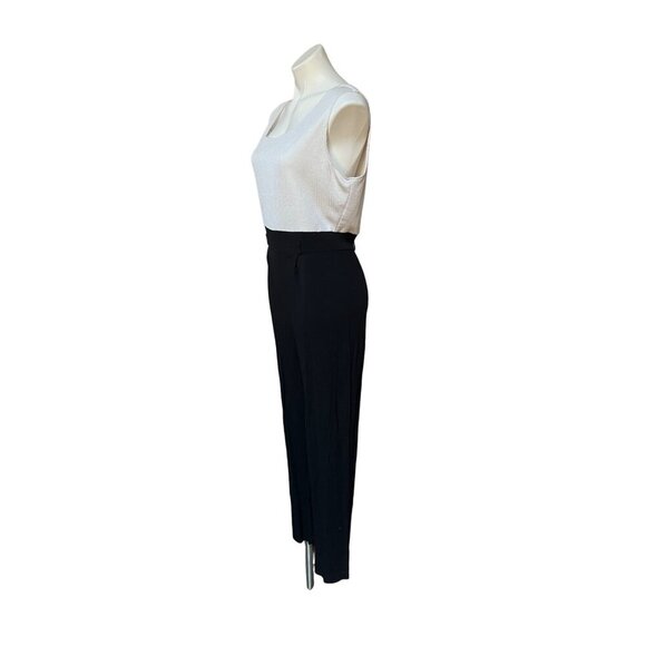 80s Jumpsuit White Waffle Knit Bodice, Crepe Rayon Pantsuit Minimalist Corpcore - Picture 3 of 9